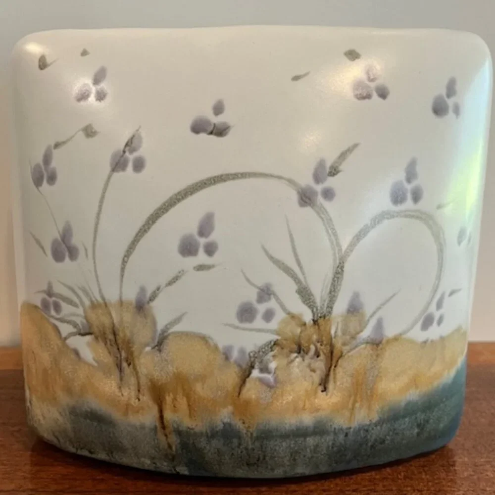 Oval Flat Floral Pottery Vase Handmade Signed